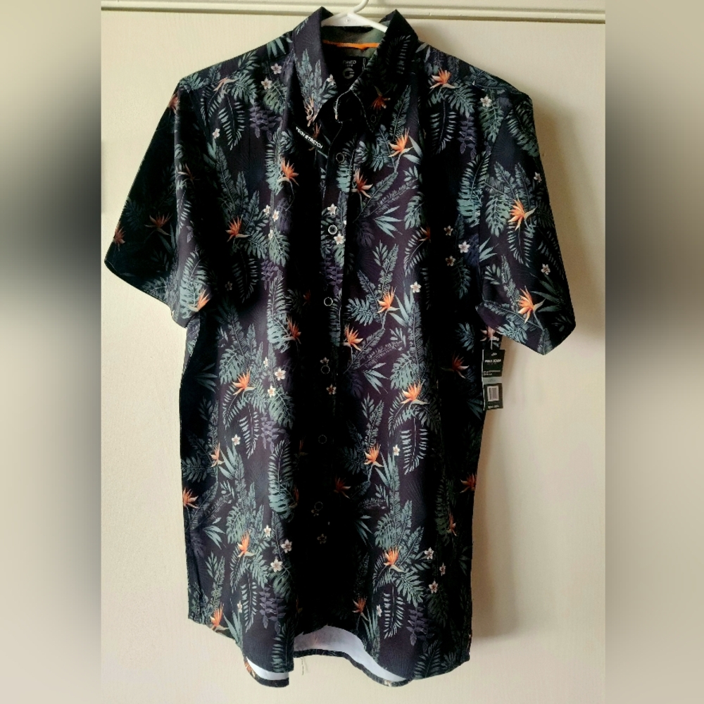 Fried Denim Golf Tropical 🌴 Shirt Men's Large Slim Black Tech Stretch NWT $29